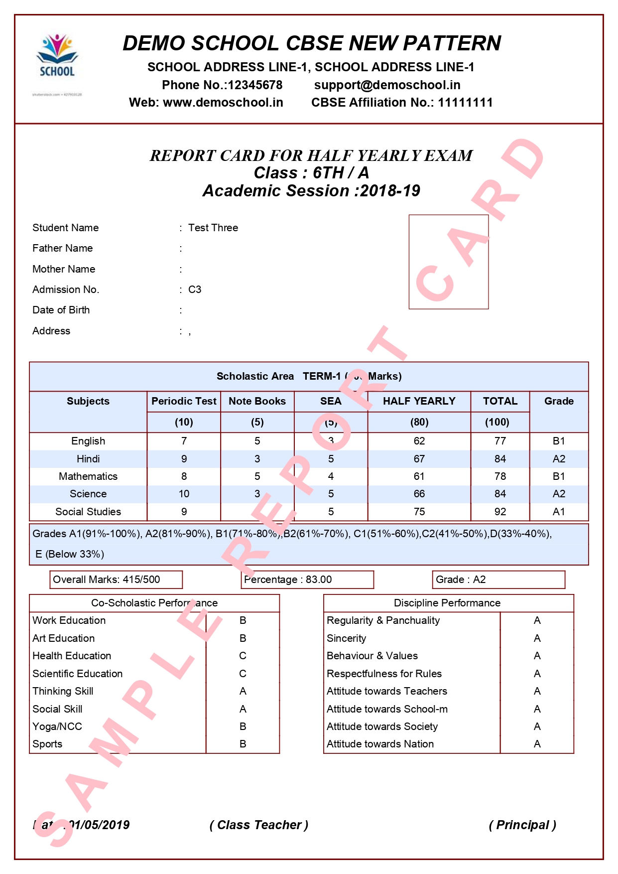 Half Yearly Student Report Card